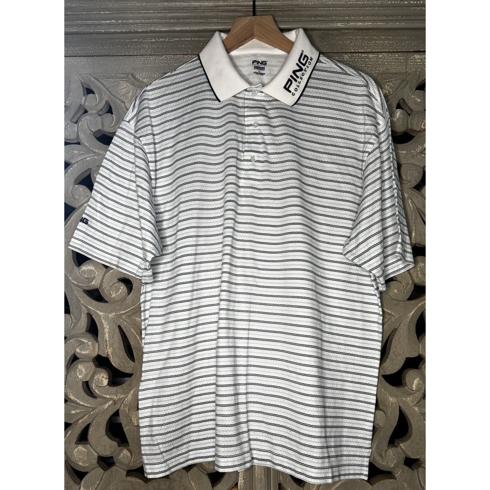 PING Collection Performance Dynamics Golf Polo Shirt Large White Striped Logo
